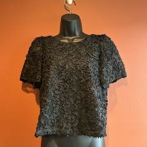 LOFT Black Floral Appliqué Short Sleeve Boxy Top